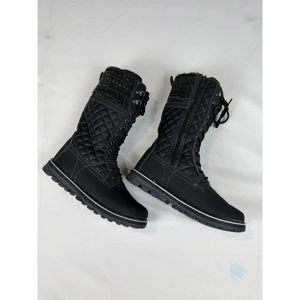 Polar Black Quilted Winter Boots Lace Up Side Zip Faux Fur Trim Womens 10 EU 41